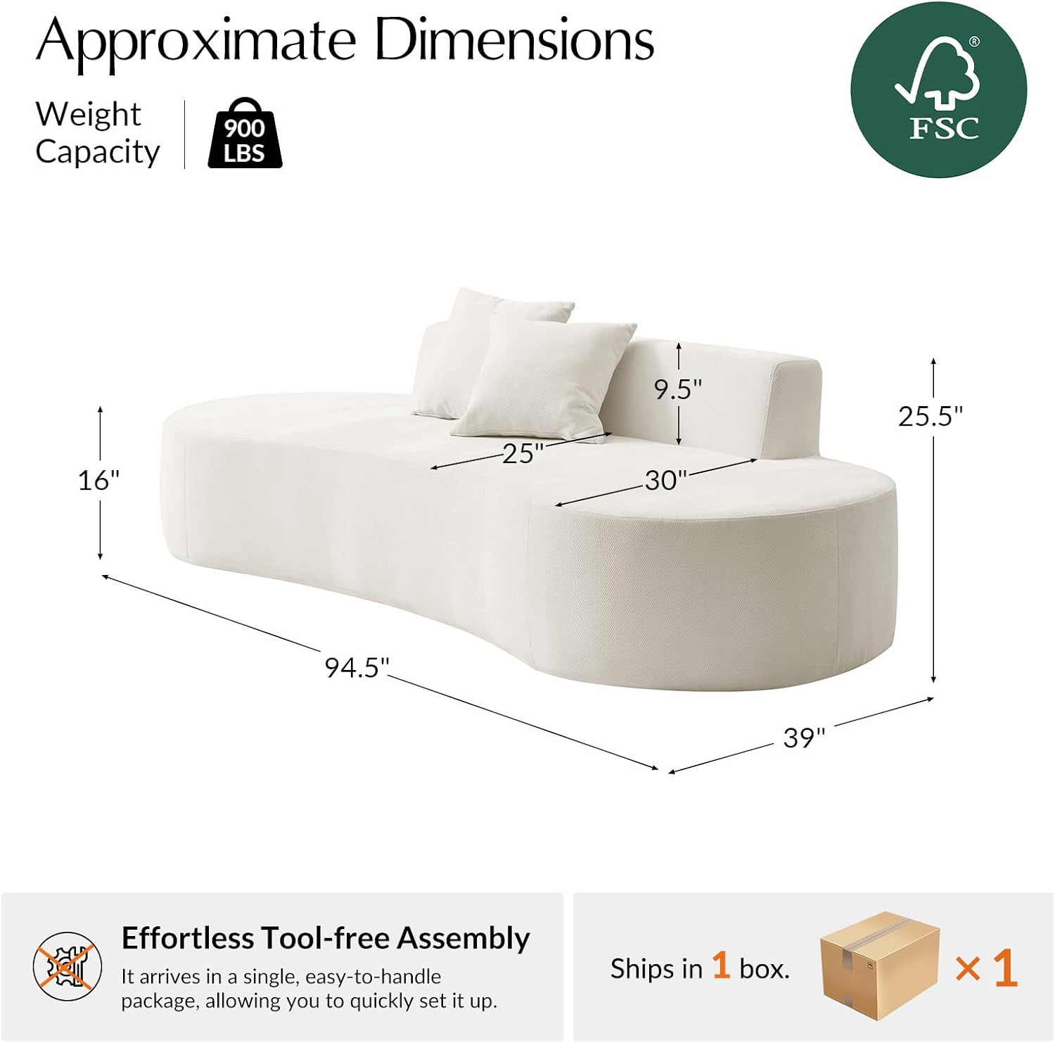HULALA HOME 94.5' Curved Boneless Couch with Two Pillows, Oversized 3 Seater Compressed Foam Sofa with Deep Seat, Modern Cloud Couch for Living Room, No Assembly Required, Ivory