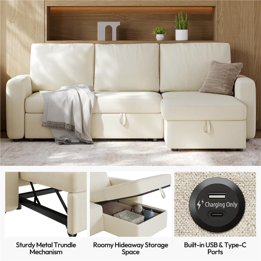 Yaheetech Sectional Sofa L-Shaped Sofa Couch Bed w/Chaise & USB, Reversible Couch Sleeper w/Pull Out Bed & Storage Space Living Room Beige