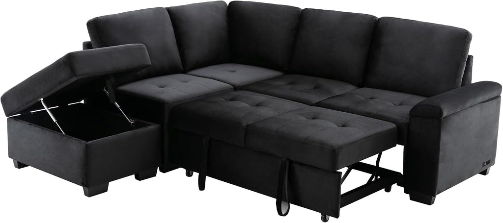 LUMISOL 87.4' Convertible Sleeper Sofa Bed with Storage Ottoman, L-Shaped Sectional Sofa with Storage Arm & Charging Stations, Pull Out Sofa Couch with Chaise for Living Room, Black