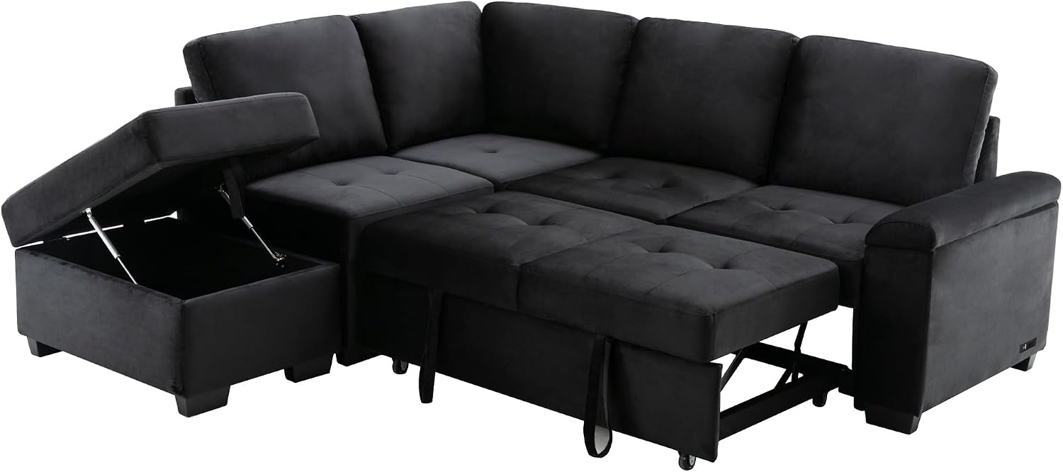 LUMISOL 87.4' Convertible Sleeper Sofa Bed with Storage Ottoman, L-Shaped Sectional Sofa with Storage Arm & Charging Stations, Pull Out Sofa Couch with Chaise for Living Room, Black