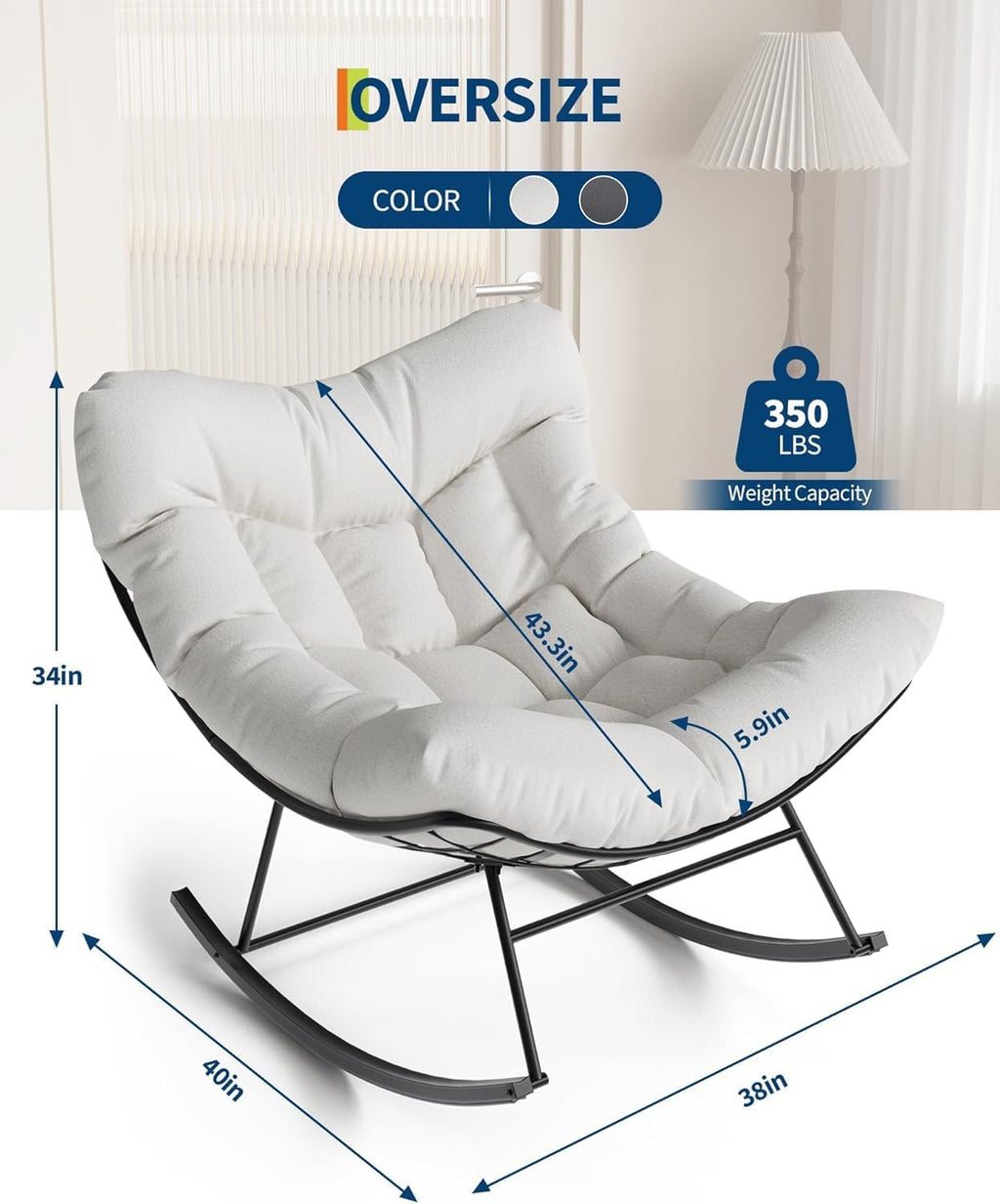 GarveeHome Outdoor Papasan Rocking Chair Oversized Patio Rocker with Sturdy Metal Frame Rattan Egg Style for Balcony Backyard Porch 40 * 28 * 34In White