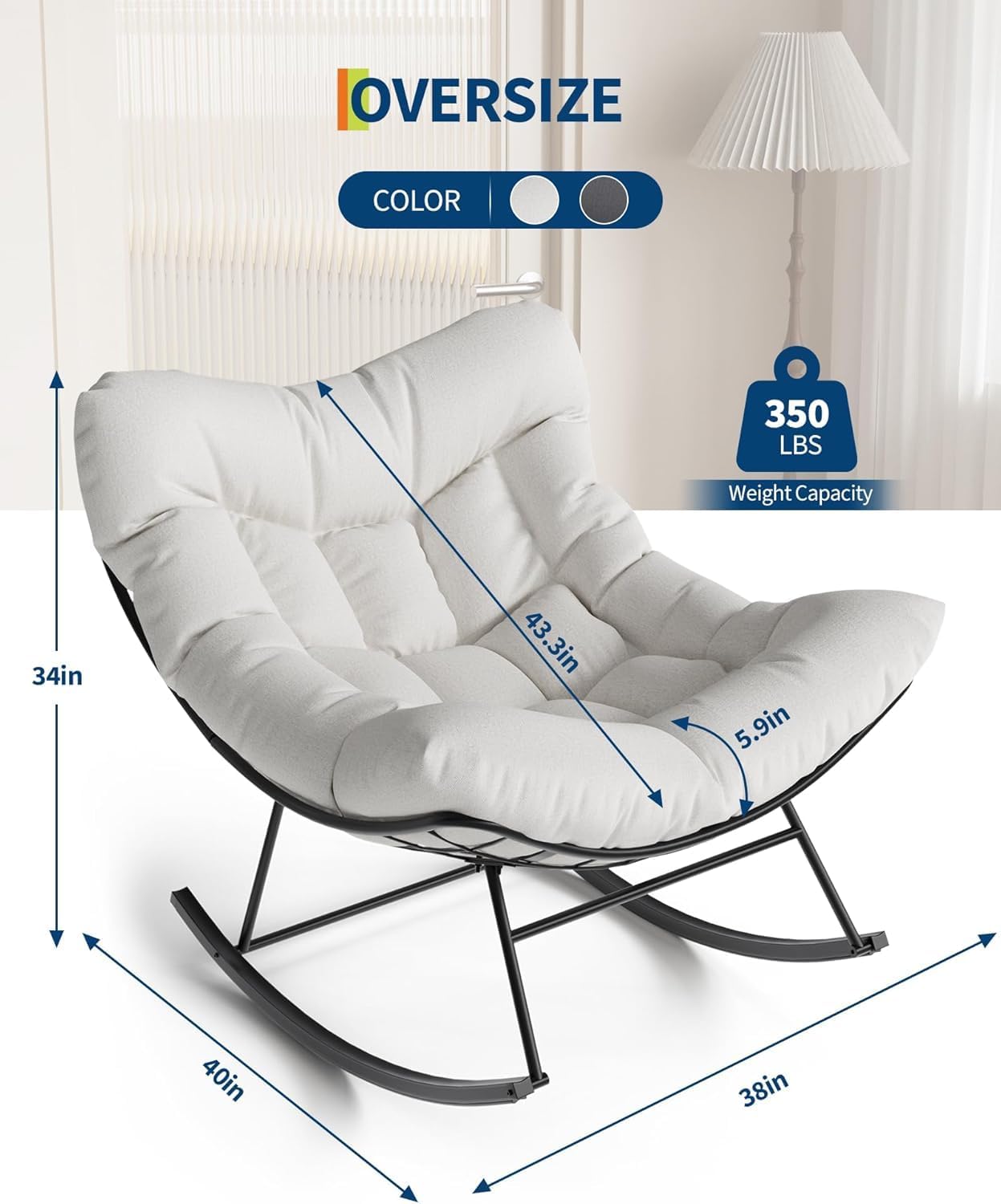 GarveeHome Outdoor Papasan Rocking Chair Oversized Patio Rocker with Sturdy Metal Frame Rattan Egg Style for Balcony Backyard Porch 40 * 28 * 34In White