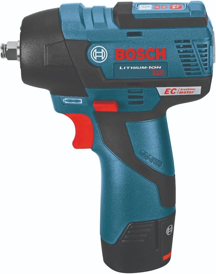 Bosch PS82-02 12V Max EC Brushless 3/8 In. Impact Wrench Kit - Compact, Lightweight, 85 Ft.-Lbs. Max Torque, Two Speed Settings, LED Light Ring, Includes Batteries, Charger, Belt Clip, Carrying Bag
