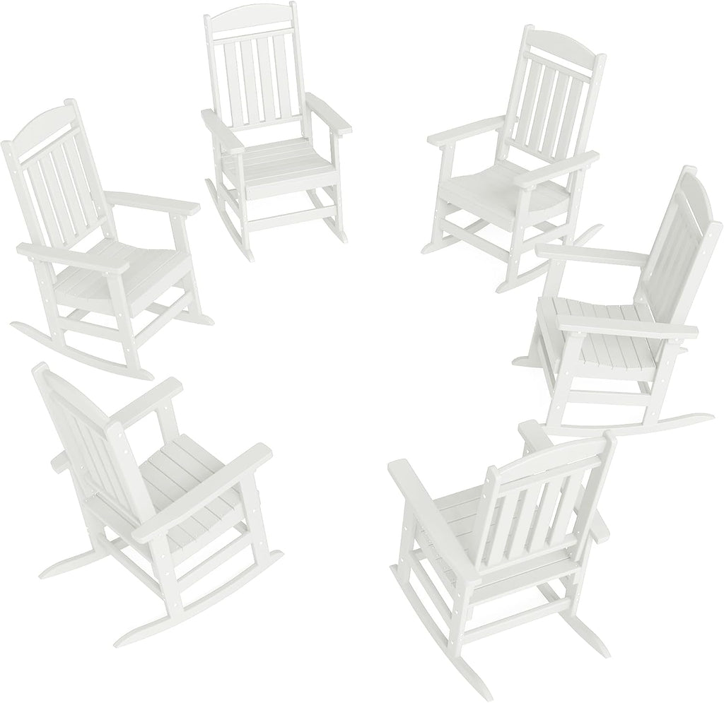 FOOWIN Outdoor Rocking Chair Set of 6, High Back Patio Rocking Chair, HDPE All Weather Resistant Porch Rocker for Adult, Oversized Rocking Chairs for Garden, Lawn, Indoor & Outdoor Use, White
