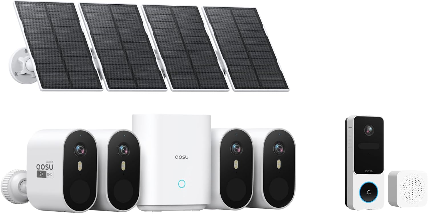 AOSU SolarCam Pro System 4-Kit + 2K New Doorbell Camera (9:16 Aspect Ratio) - No Monthly Fee