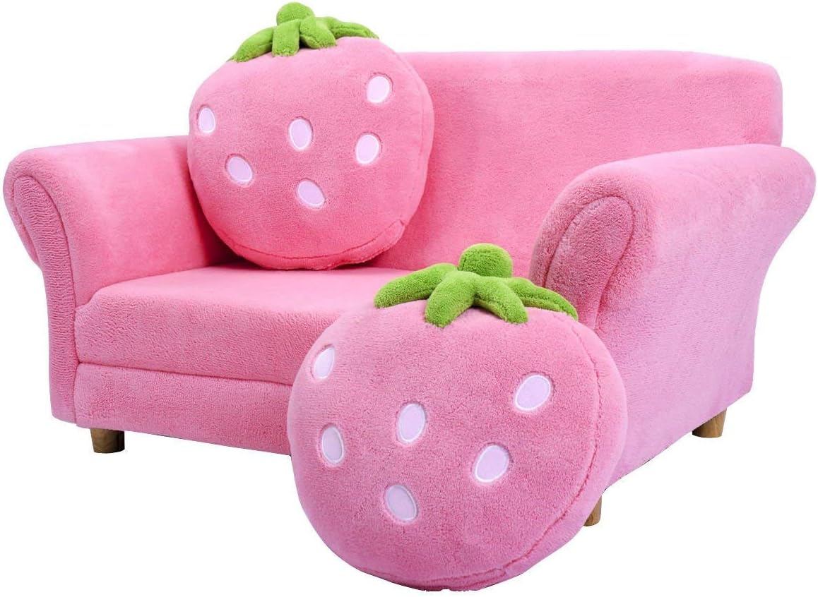 Costzon Kids Couch, Double Seat Pink Children's Sofa with 2 Strawberry Pillows, Toddler Armrest Chair for Bedroom, Living Room, Large Soft for Kids Loveseat for Baby Girls Pets Preschool Gifts
