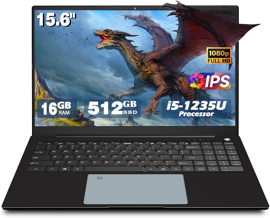 Laptop Computers,15.6' IPS 1080P Screen,12th generation i5 1235U Processor 10C 12T 4.4Ghz 20GB RAM 512GB SSD, Laptops with Fingerprint Recognition Backlit Keyboard,WiFi,USB 3.0, Webcam, HDMI ,Black