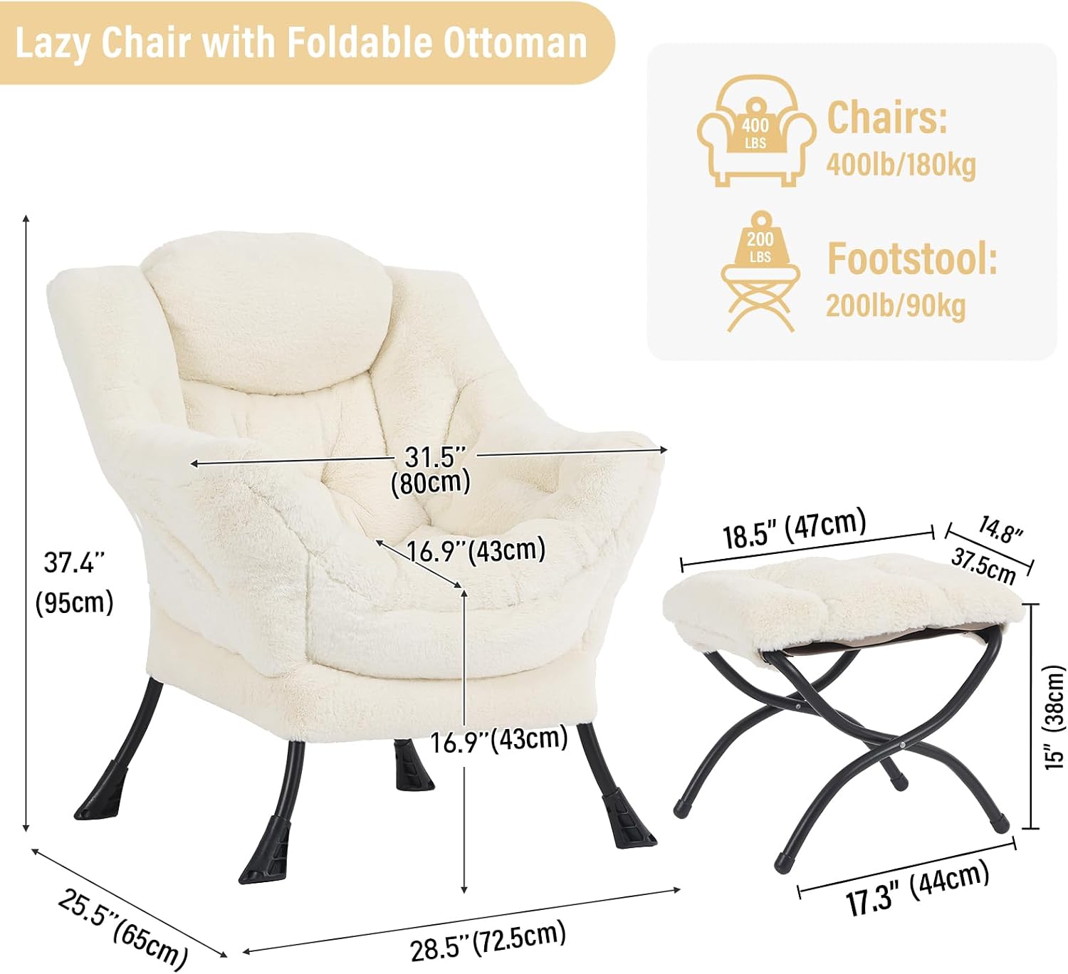 Furlide Lazy Chair with Ottoman, Modern Accent Chair with Armrests and a Side Pocket, Plush Beige Accent Chairs, Reading Chairs, Oversized Armchairs for Bedroom, Study, Living Room, Courtyard