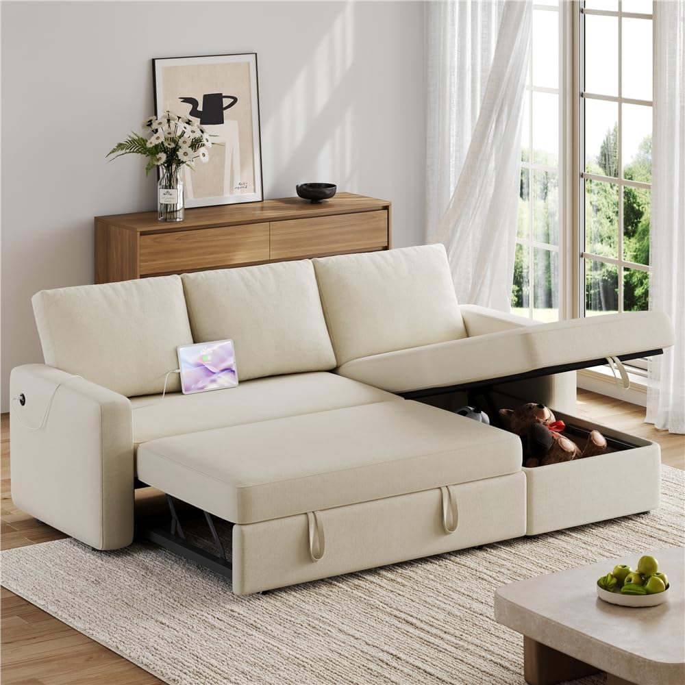 Yaheetech Sectional Sofa L-Shaped Sofa Couch Bed w/Chaise & USB, Reversible Couch Sleeper w/Pull Out Bed & Storage Space Living Room Beige