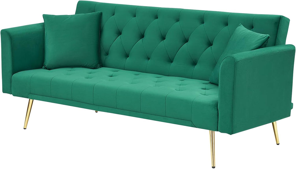71' Modern Velvet Sofa Bed Futon, Convertible Sleeper Couch with Adjustable Backrest, Tufted Recliner Loveseat with Golden Chrome Legs & 2 Pillows for Small Spaces, Living Room, Apartment (Green)