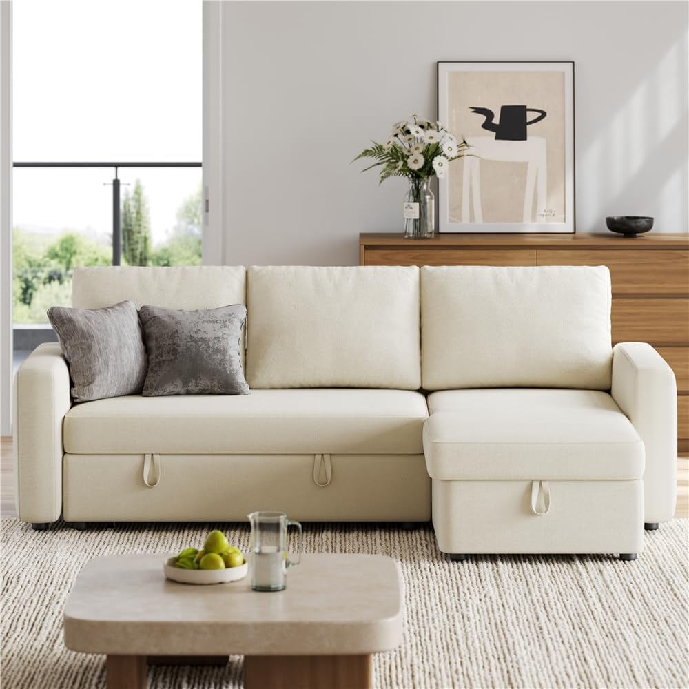 Yaheetech Sectional Sofa L-Shaped Sofa Couch Bed w/Chaise & USB, Reversible Couch Sleeper w/Pull Out Bed & Storage Space Living Room Beige