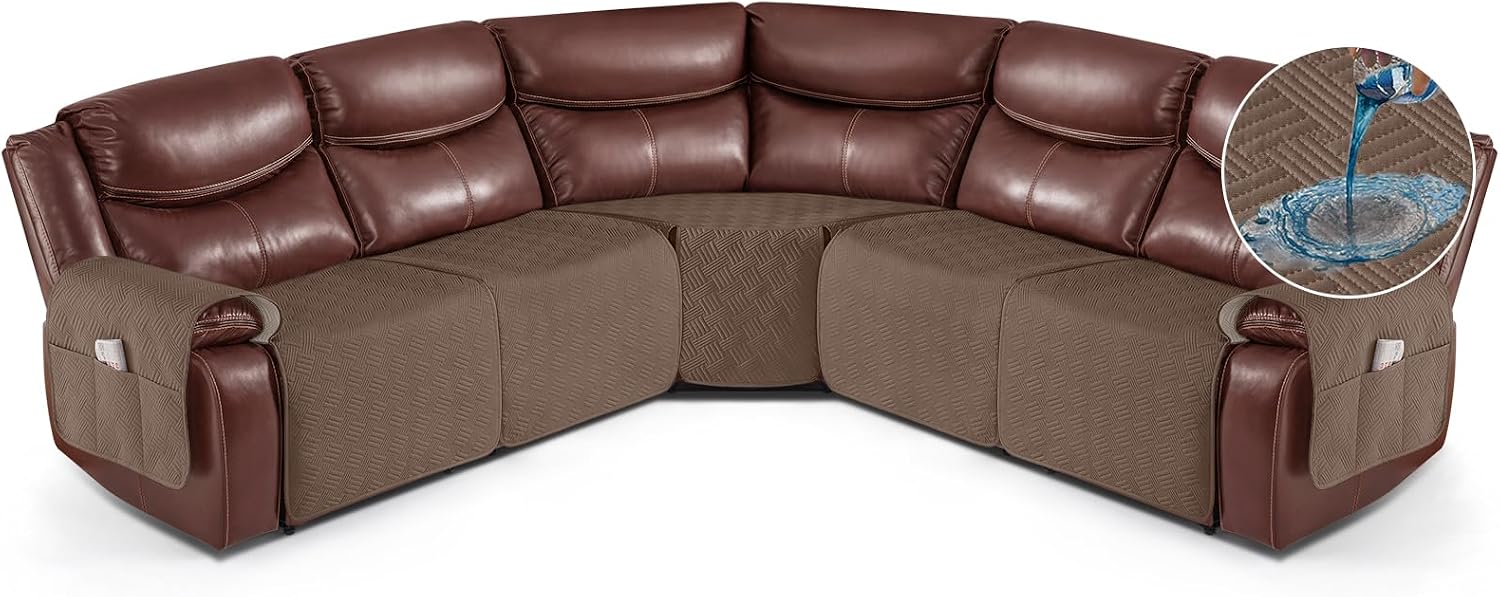 KinCam Waterproof Recliner Sectional Couch Covers, Oversized Reclining Sofa Covers for L Shape Couch, Non Slip Couch Cover for Sofa Washable Slipcover (5 Seat Recliner Cover, Brown)