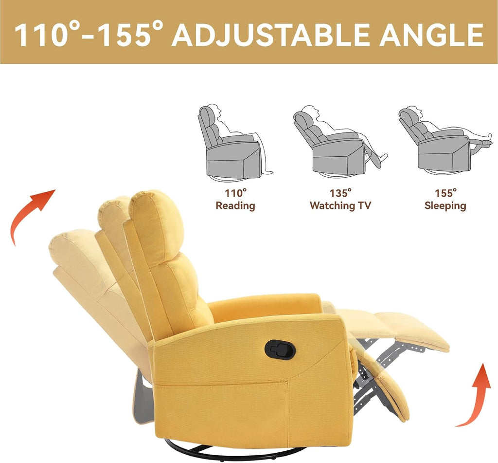 PELUMY Manual Recliner Chair, 360° Swivel Glider and Rocker Recliner with 155° Recline, Compact Fabric Recliner for Small Space, Nursery, Living Room, Bedroom, No Tools Assembly (Yellow)