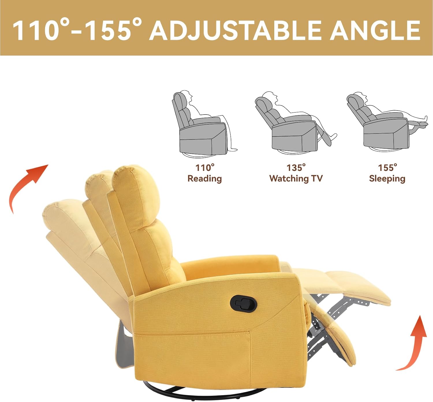 PELUMY Manual Recliner Chair, 360° Swivel Glider and Rocker Recliner with 155° Recline, Compact Fabric Recliner for Small Space, Nursery, Living Room, Bedroom, No Tools Assembly (Yellow)