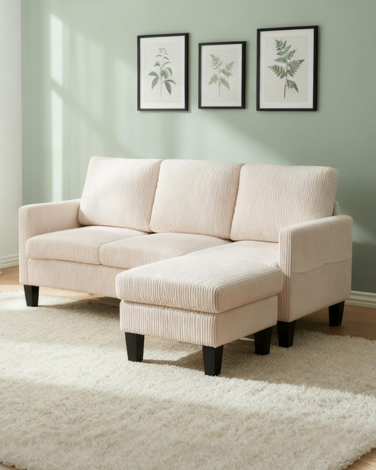 Karl home Small Sectional Couch L Shaped Sofa with Movable Storage Ottoman Corduroy Upholostered Sofa Chaise with Side Pockets for Living Room, Apartment, Studio, Beige