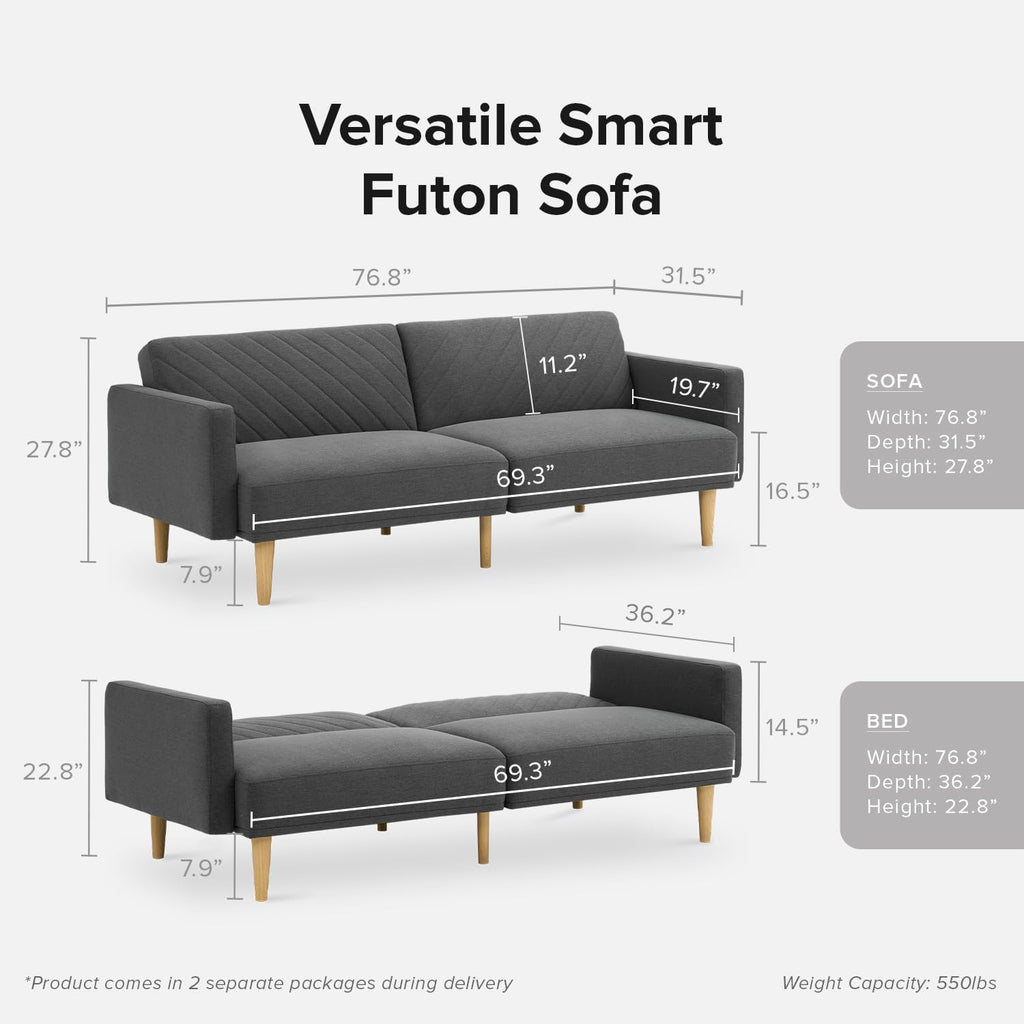 mopio 76.4' Futon Sofa Bed, Couch, Loveseat, Sleeper Sofa, Mid Century Modern Futon Couch, Sofa Cama, Couches for Living Room (Dark Gray Fabric)