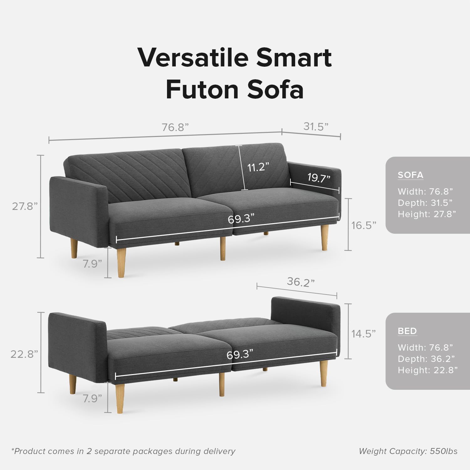 mopio 76.4' Futon Sofa Bed, Couch, Loveseat, Sleeper Sofa, Mid Century Modern Futon Couch, Sofa Cama, Couches for Living Room (Dark Gray Fabric)