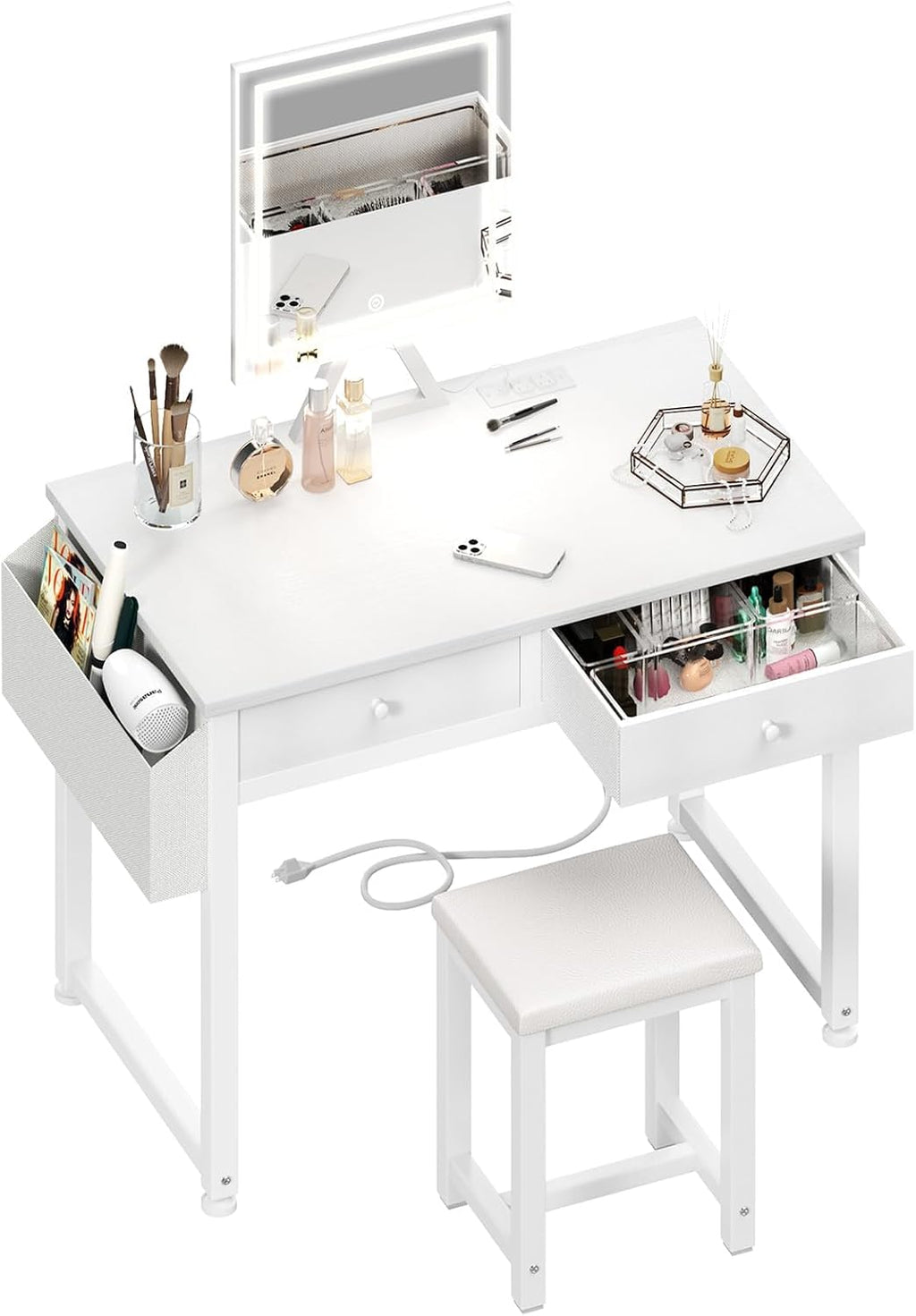 Lufeiya Small Makeup Vanity Desk with Fabric Drawers, 32 inch White Vanity Desks with Mirror and Light, Dressing Table and Chair Set with Power Outlet for Girls Bedroom, White