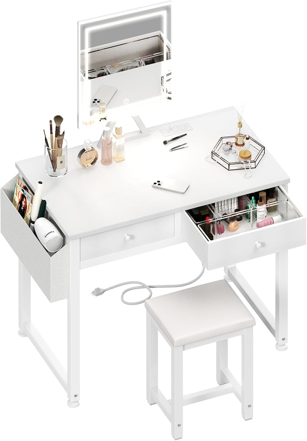 Lufeiya Small Makeup Vanity Desk with Fabric Drawers, 32 inch White Vanity Desks with Mirror and Light, Dressing Table and Chair Set with Power Outlet for Girls Bedroom, White
