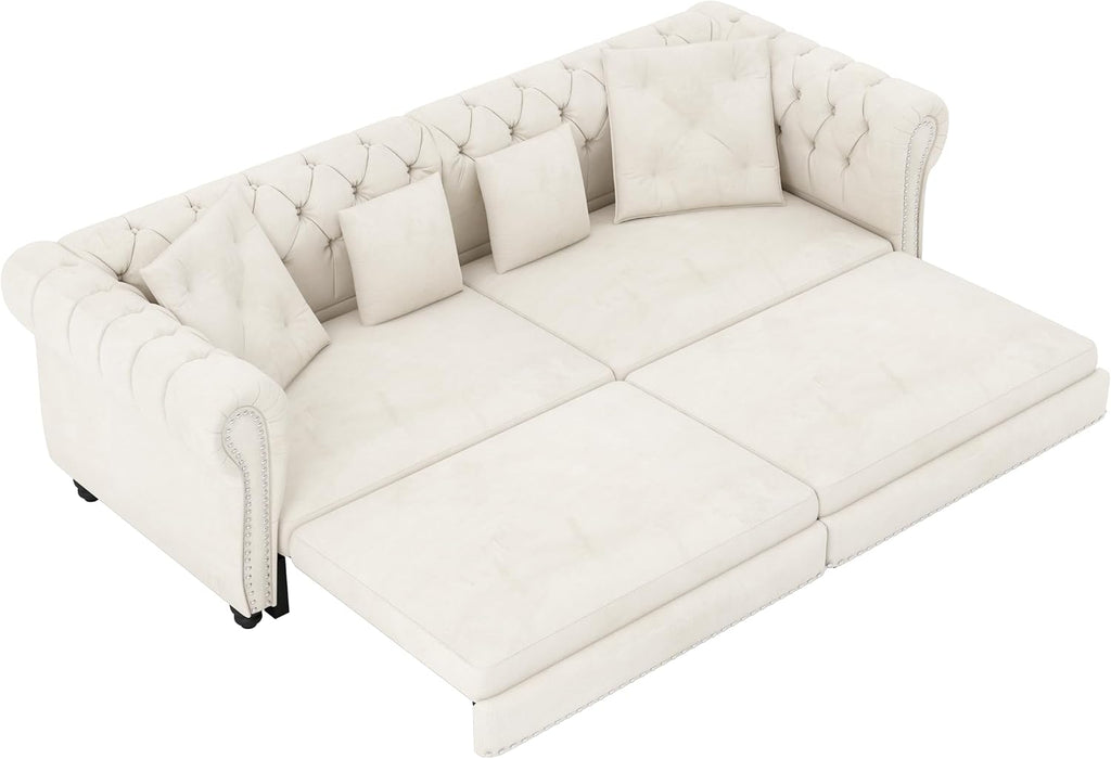 3 in 1 Oversized Chesterfield Loveseat Sofa Convertible Pull Out Sleeper Sofabed King Size Couch Bed w/Movable Ottoman and Nailhead Trim for Living Room Tufted Velvet Recliner Daybed Sofacama