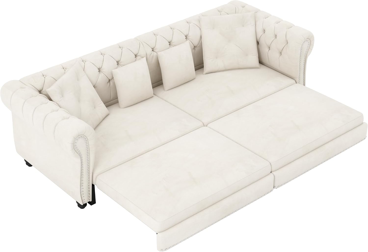 3 in 1 Oversized Chesterfield Loveseat Sofa Convertible Pull Out Sleeper Sofabed King Size Couch Bed w/Movable Ottoman and Nailhead Trim for Living Room Tufted Velvet Recliner Daybed Sofacama