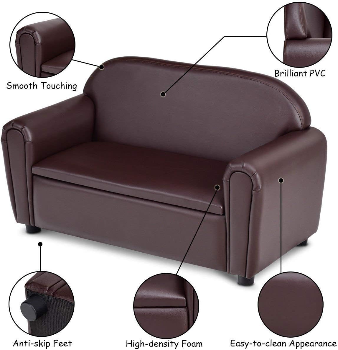 Costzon Kids Couch, 2 in 1 Double Seat Children's Sofa w/Under Seat Storage, PU Leather Surface, Toddler Armrest Chair, Kids Room, Soft Sofa with Storage for Preschool Baby Boys Girls Gifts