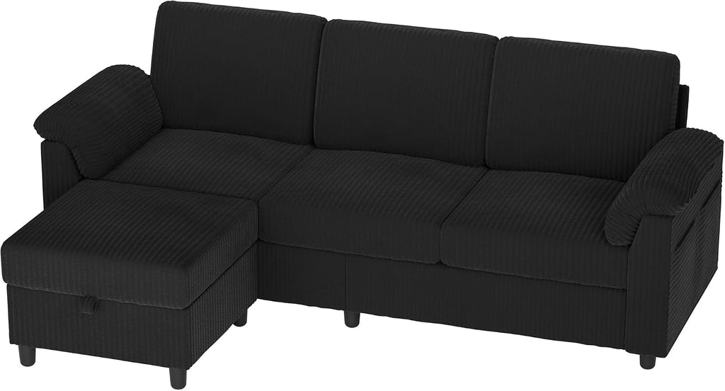 Vongrasig 79' Convertible Sectional Couch Sofa with Storage Ottoman, 3 Seat L Shaped Couch with Side Storage Pockage, Small Couches for Living Room, Apartment and Small Space, Black