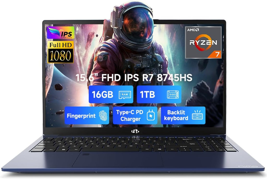 NIMO 15.6' IPS FHD-Gaming-Laptop, AMD Ryzen 7 8745HS 16GB DDR5 RAM 1TB SSD (Beat R9 6900HX, up to 4.9GHz) Radeon 780M Graphics Business Computer with 100W Type-C Backlit Keyboard, Fingerprint