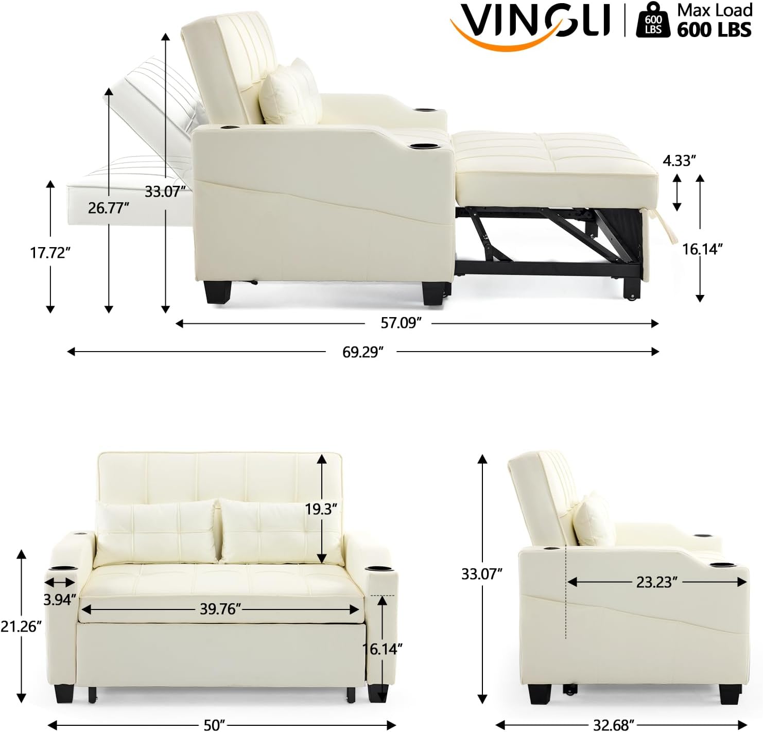 VINGLI Beige Futon Sofa Bed Convertible Loveseat Sleeper Couch, Faux Leather Pullout Sofa Fold Out Couch Bed with USB Ports, Cup Holders, Armrest for Living Room, Bedroom Apartment Room
