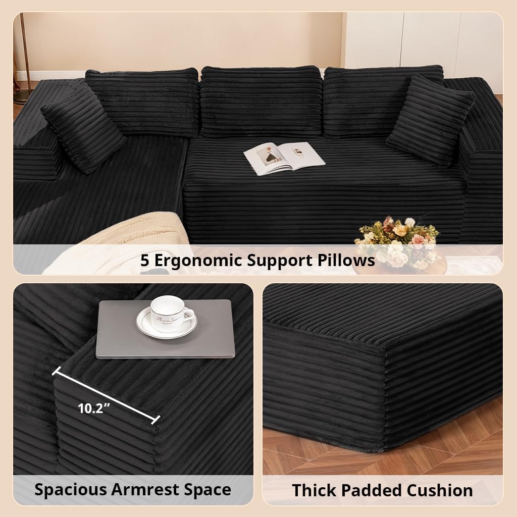 COMHOMA 105'Modular Sectional Sofa with Deep Seat,Cloud Upholstered L-Shape Couch Wide Arms Corduroy Fabric High-Density Foam Chaise Lounge for Living Room No Assembly Required