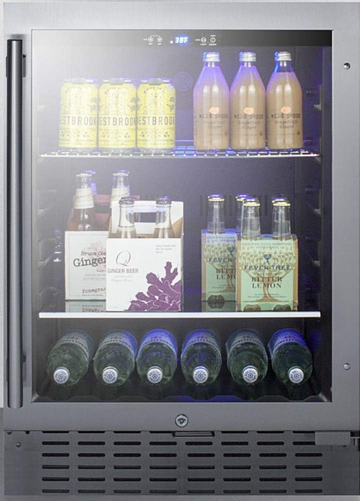 Summit Appliance SCR2466BCSS 24' Wide Built-In Beverage Cooler; 4.2 cu.ft. Capacity; Seamless Stainless Steel Trimmed Glass Door; Auto Defrost; Front Lock and Stainless Steel Cabinet