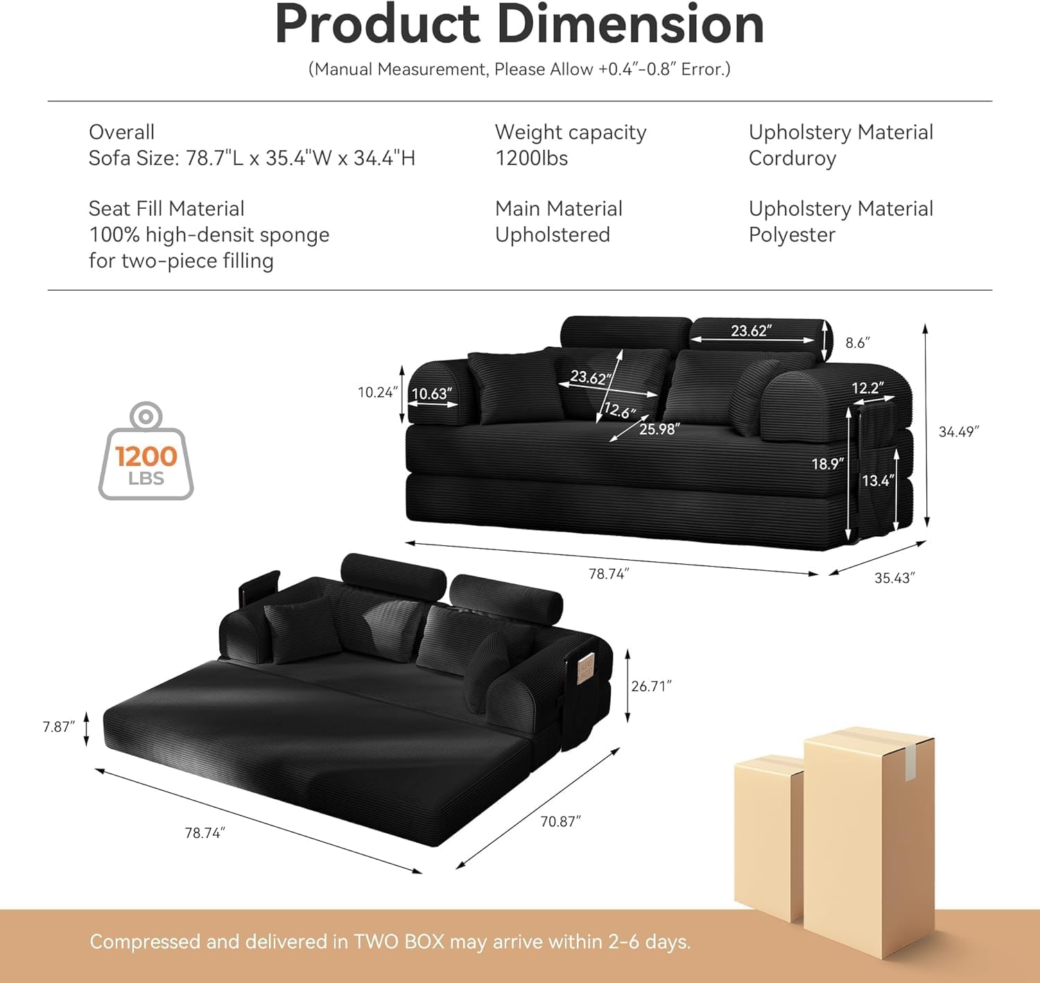 Upgraded 79' High Backrest Sofa Bed with Fixed Frame, Corduroy Fabric Convertible Couch for Small Spaces, Removable Armrests & Backrest, No Assembly Required (Black)