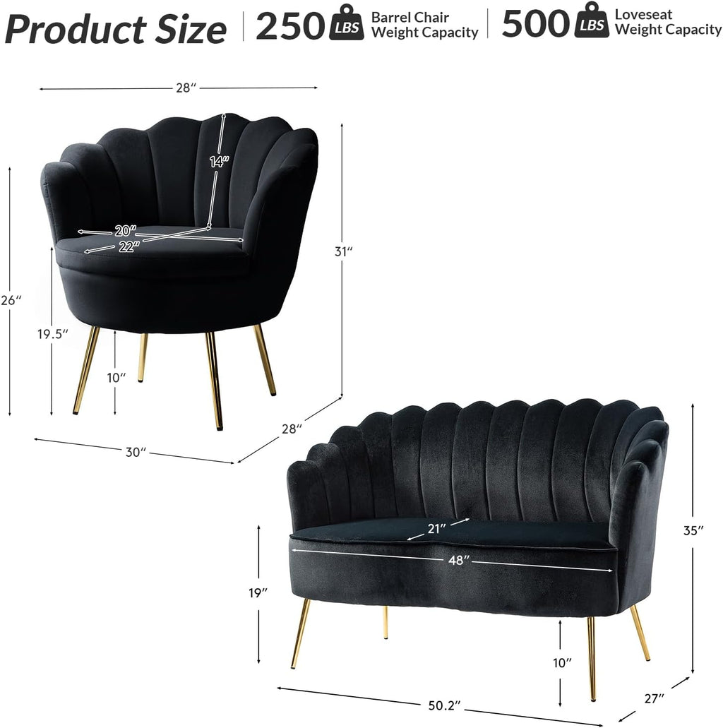 HULALA HOME 3 Piece Velvet Living Room Furniture Set, Including Loveseat & 2 Sofa Chairs, Modern Comfy Upholstered 2-Seater Sofa & Accent Chair Set for Bedroom, Flower Shaped Back & Gold Legs, Black