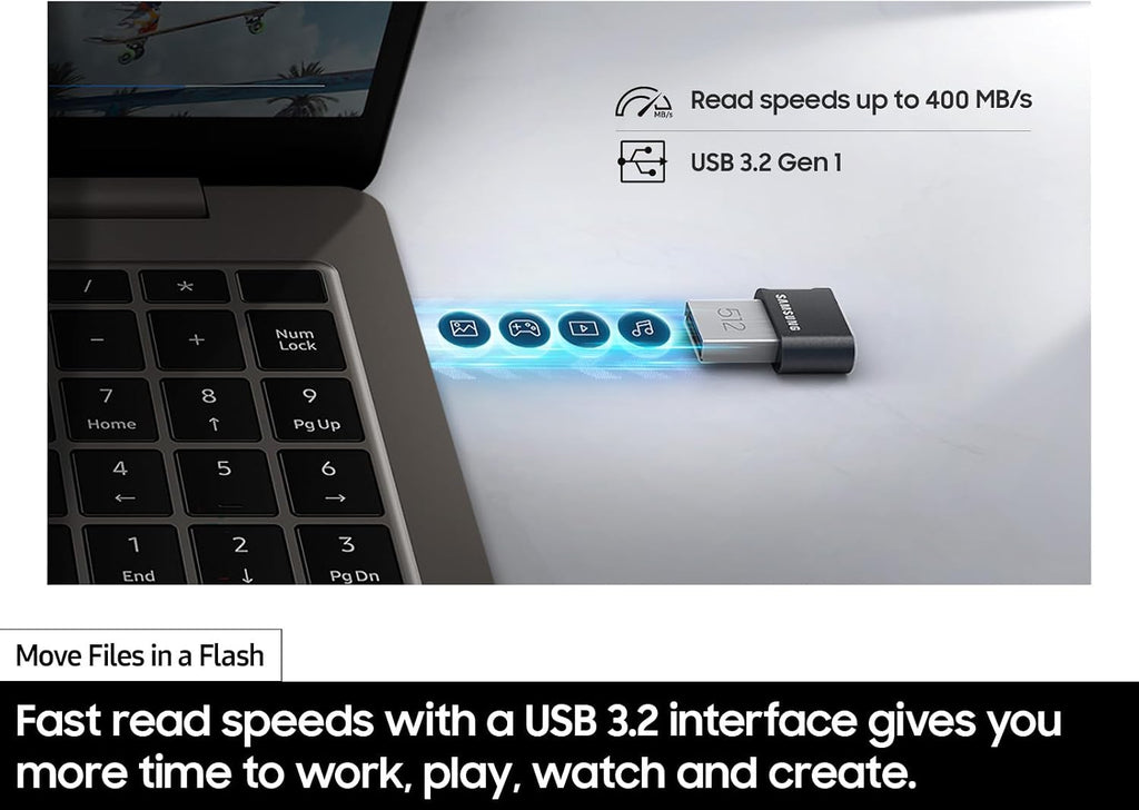 Samsung FIT Plus USB 3.2 Flash Drive, 512GB USB Standard Type-A, Speeds Up to 400MB/s / 110MB/s, Portable Storage Memory Stick, Durable Thumb Drive Backward Compatible with USB 2.0, MUF-512AB/AM