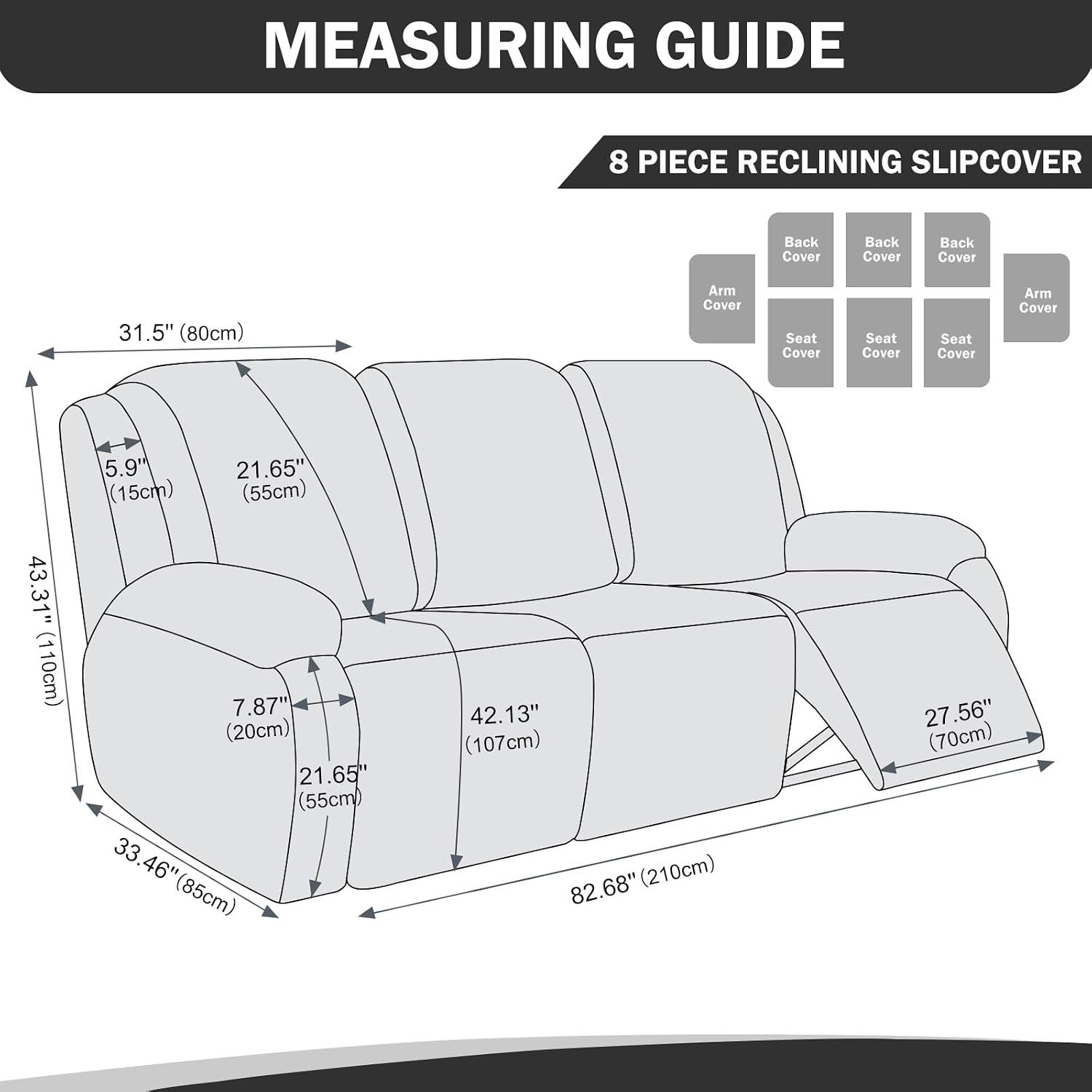 vctops 8 Pieces Waterproof Faux PU Leather Recliner Sofa Covers Stretch Soft 3 Seats Couch Cover Anti-Slip Sofa Slipcover Furniture Protector with Elastic Bottom for Kids Pet(Black,3 Seat)
