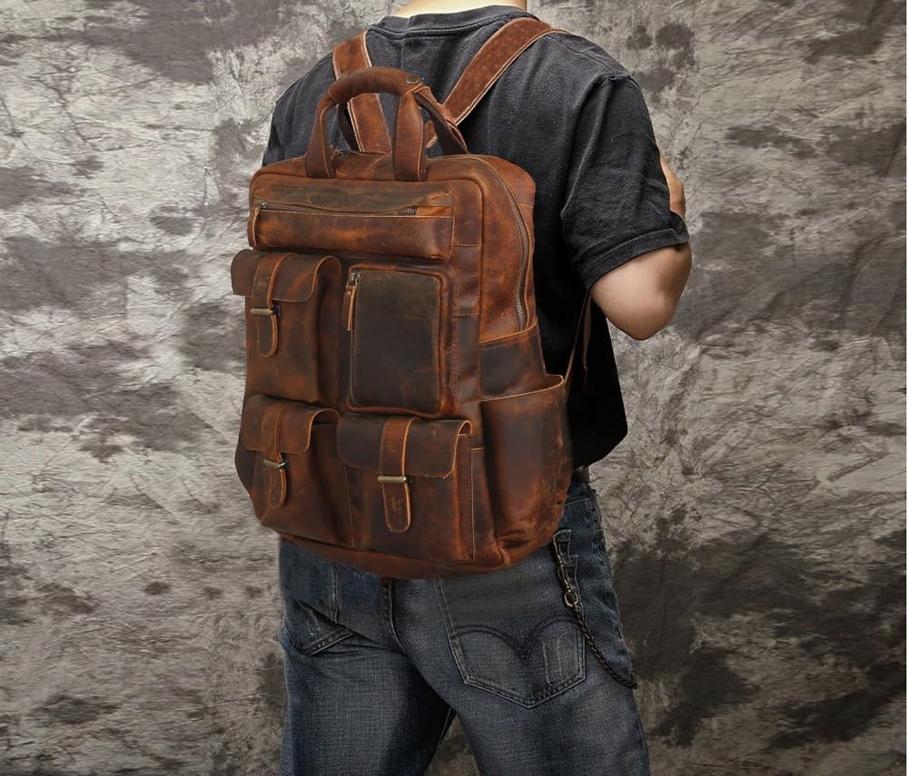 Jaald Leather Laptop Backpack Rucksack Multipocket Full Grain Leather Gaming Laptop Bag School Daypack For Men Anti-Theft Pocket Brown