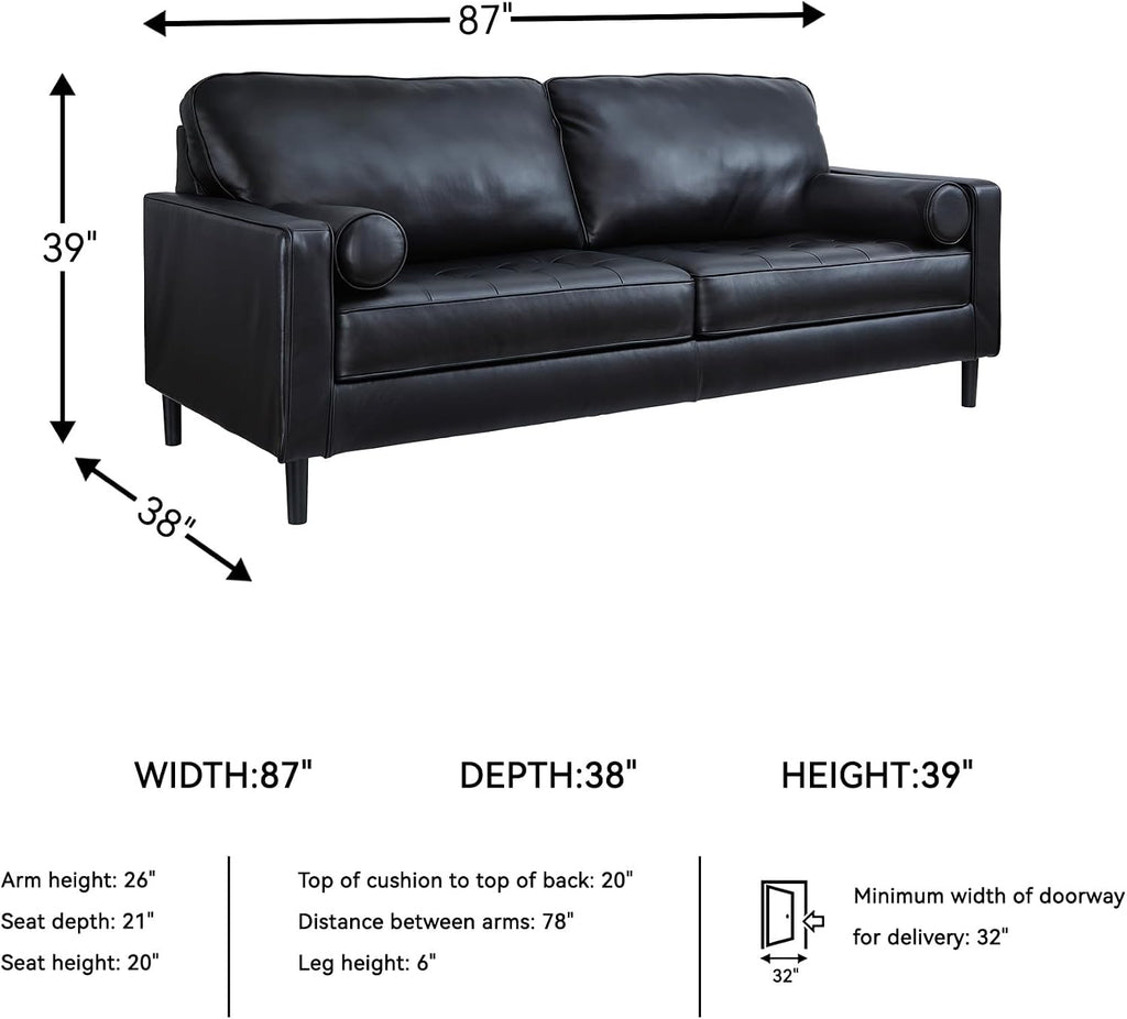Signature Design by Ashley Bryceview Contemporary Leather Match Tufted Sofa with 2 Bolster Pillows, Black