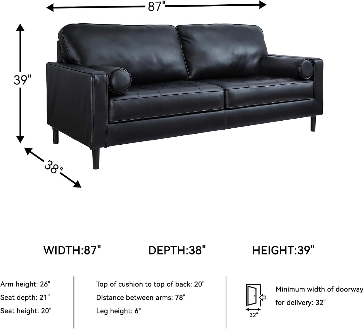 Signature Design by Ashley Bryceview Contemporary Leather Match Tufted Sofa with 2 Bolster Pillows, Black