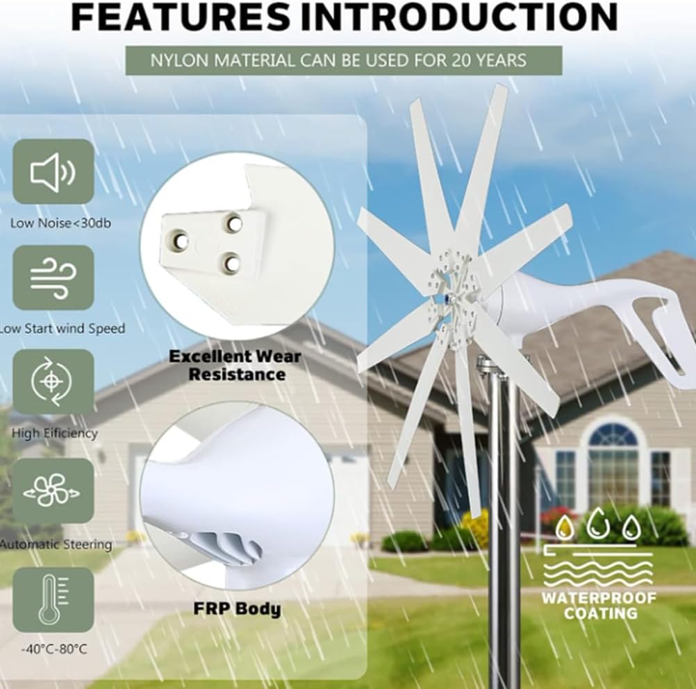 24V,HYZHANHONG 12V/24V/48V Horizontal Wind Turbine Generator 1000W Low Noise 8 Blades Wind Power Turbine Generator Kit 3-Phase AC Windmill with Controller