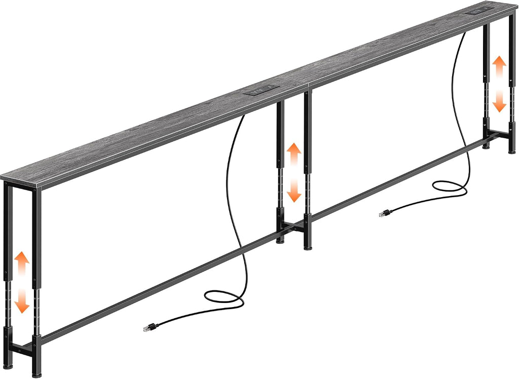 Huuger 110.2 Inch Sofa Table with Power Outlets, 23.9''-34.4'' Height Adjustable Range, Behind Couch Table with USB-C Ports, Sofa Tables Narrow Long, Skinny Console Table, for Small Spaces, Grey