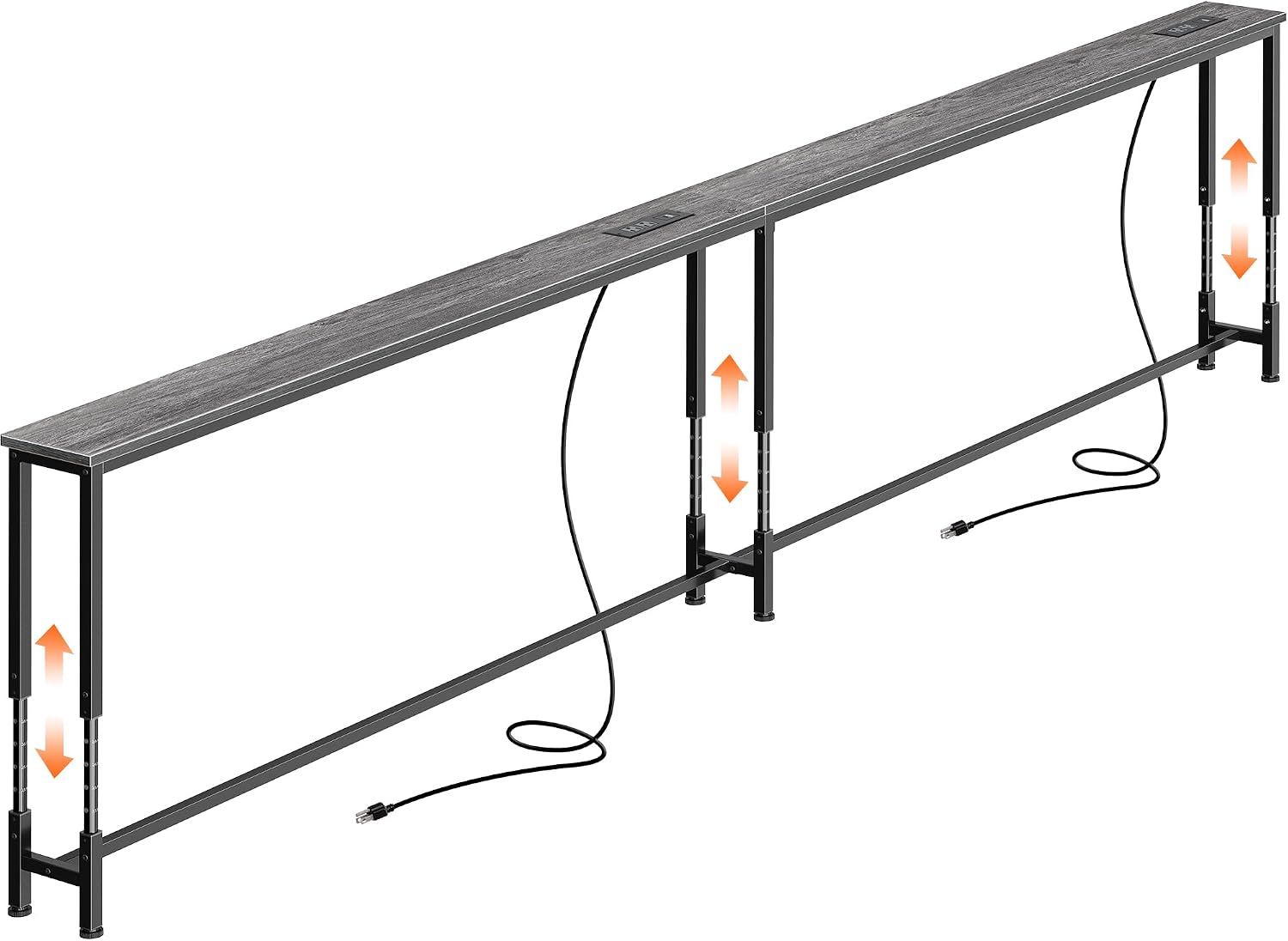 Huuger 110.2 Inch Sofa Table with Power Outlets, 23.9''-34.4'' Height Adjustable Range, Behind Couch Table with USB-C Ports, Sofa Tables Narrow Long, Skinny Console Table, for Small Spaces, Grey