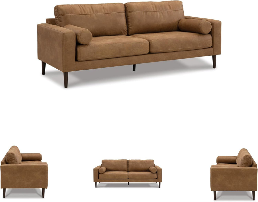 Signature Design by Ashley Telora Faux Leather Sofa, 2 Bolster Pillows, Loose Cushions, Faux Wood Finish Accent Legs, 85' W x 35' D x 35' H, Dark Brown
