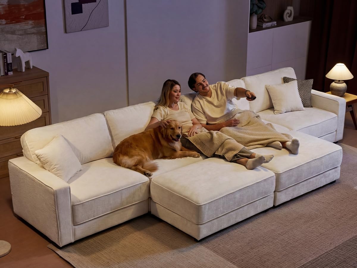 Vipbear 160' Oversized Modular Sectional Sofa, U Shaped Couch Set with 2 Pillows, 6 Seat Comfy Cloud Couches with 2 Movable Ottomans for Living Room, Bedroom and Apartment, Chenille Beige