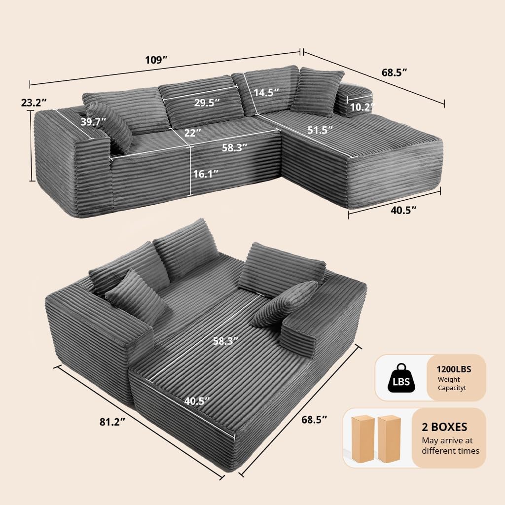 COMHOMA 105'Modular Sectional Sofa with Deep Seat,Cloud Upholstered L-Shape Couch Wide Arms Corduroy Fabric High-Density Foam Chaise Lounge for Living Room No Assembly Required