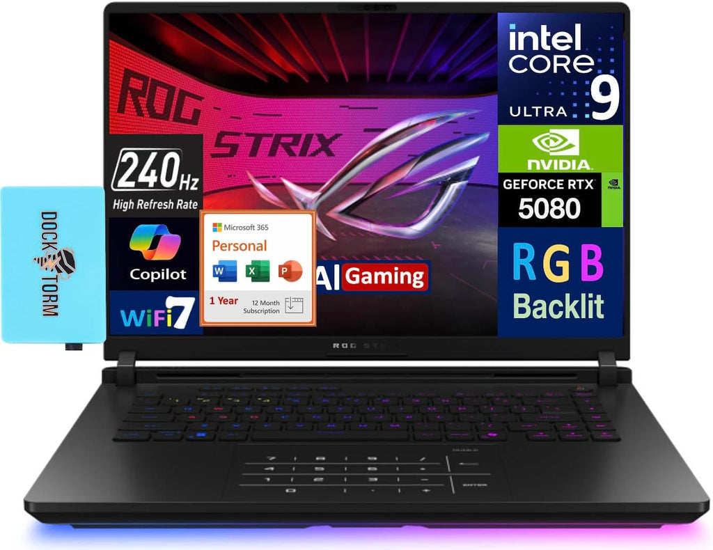 ASUS ROG Strix AI Gaming Laptop 16.0' 240Hz Mini LED WQXGA Display (Intel Ultra 9-275HX, GeForce RTX 5080 16GB, 32GB DDR5, 4TB PCIe SSD, Win 11 Pro) w/MS 365 Personal, DKZ USB Port Expander