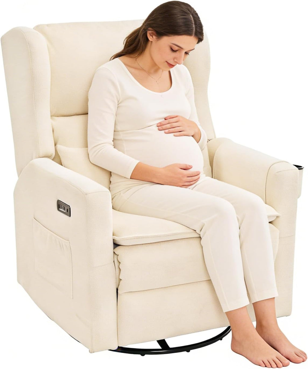 Power Recliner Chair Swivel Glider with Adjustable Headrest，Oversized Swivel Rocker Recliner with Lumbar Support, Upholstered Nursery Glider Recliner for Living Room,White