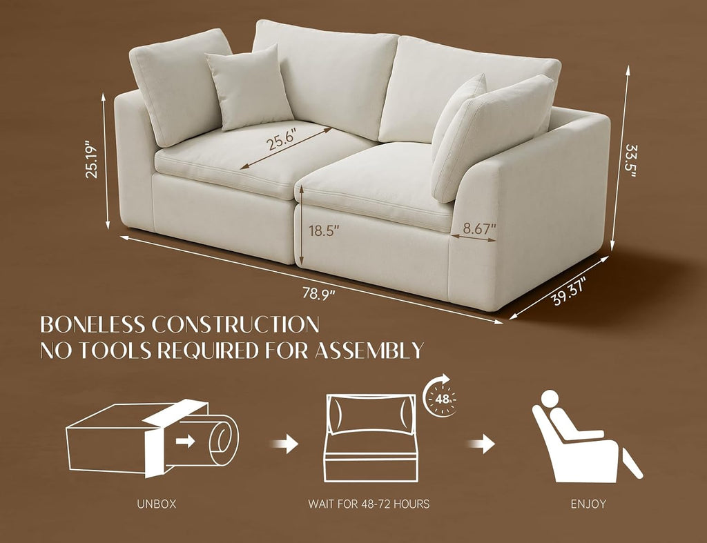 ohllob 78.9' Loveseat Sofa, Cloud Boneless Couches for Living Room, Modern Modular Sectional Sofa, Oversized, Warm White