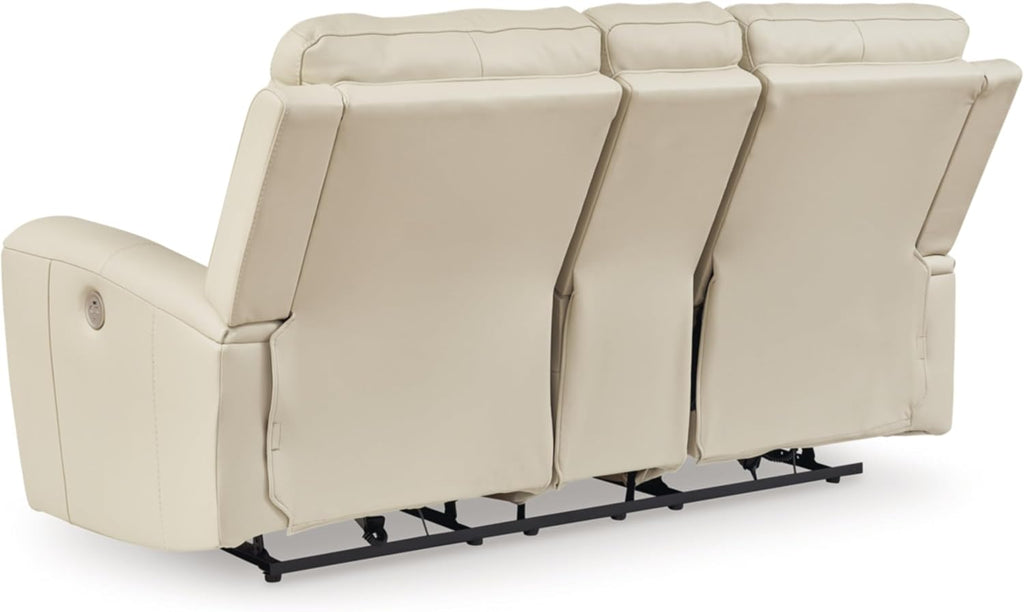 Signature Design by Ashley Dahlmoore Contemporary Leather Match Power Reclining Loveseat with Console and USB Ports, Beige
