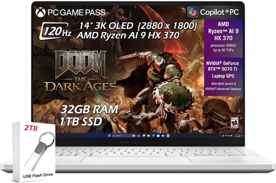 ASUS ROG Zephyrus G14 Gaming Laptop, 14' OLED 3K 120Hz, AMD Ryzen AI 9 HX 370, 32GB LPDDR5X RAM 1TB SSD, RTX 5070Ti, Wi-Fi7, Backlit KB, Bluetooth, Win11, Platinum White, w/2TB USB Drive, W/GaLiMu