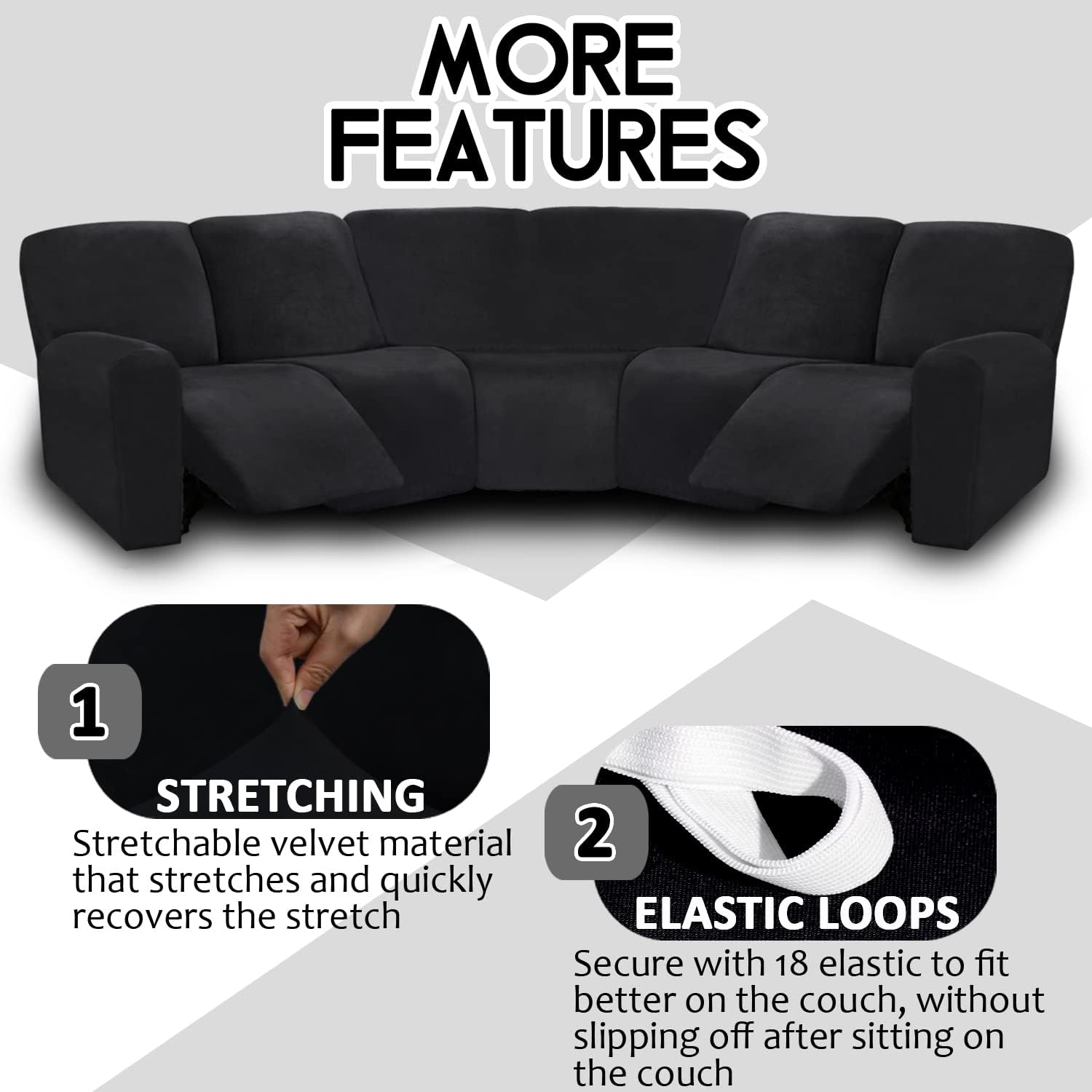 ULTICOR 7-Piece L Shape Sectional Recliner Sofa Covers, Velvet Stretch Reclining Couch Covers for Sofa, Thick, Soft, Washable (Black, 5 Seat Cover)